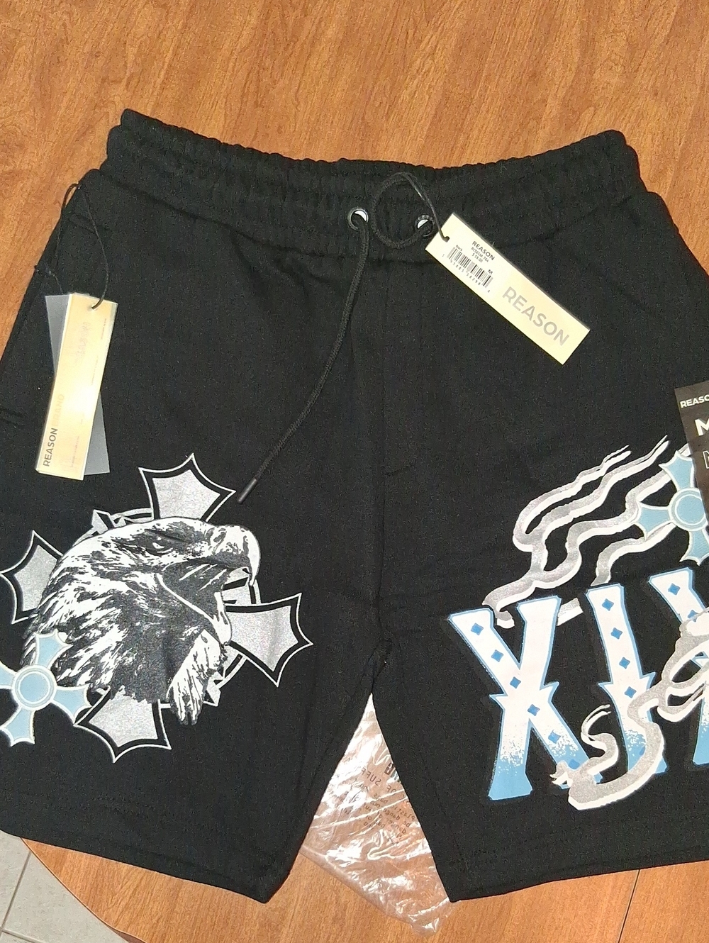 Reason Mens Black Shorts with Light Blue Accents